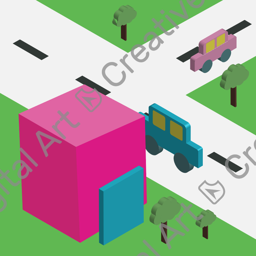 Vector illustration isometric design of road with car and tree ...